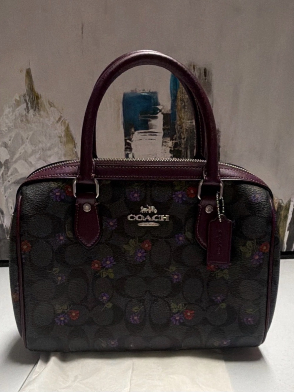 Coach Floral Signature Satchel in Plum and Black